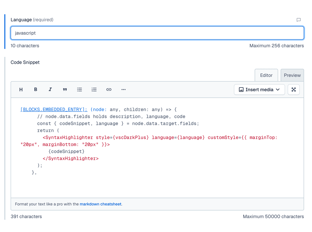 Content model for a code snippet