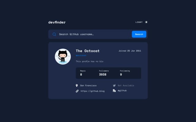Devfinder landing page